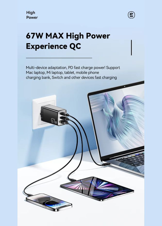 Зарядний пристрій 67W GaN (2xType-C + USB-A), QC4.0/PD3.0/Fast Charge Essager (307802656)