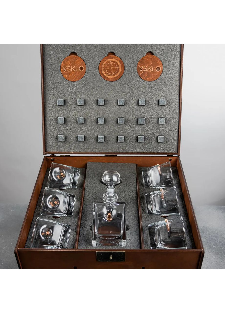Набір келихів для віскі у дерев'яній коробці 6 шт + графин | Подарунок на будь-яке свято Handmade 225-001-022 (367108558)