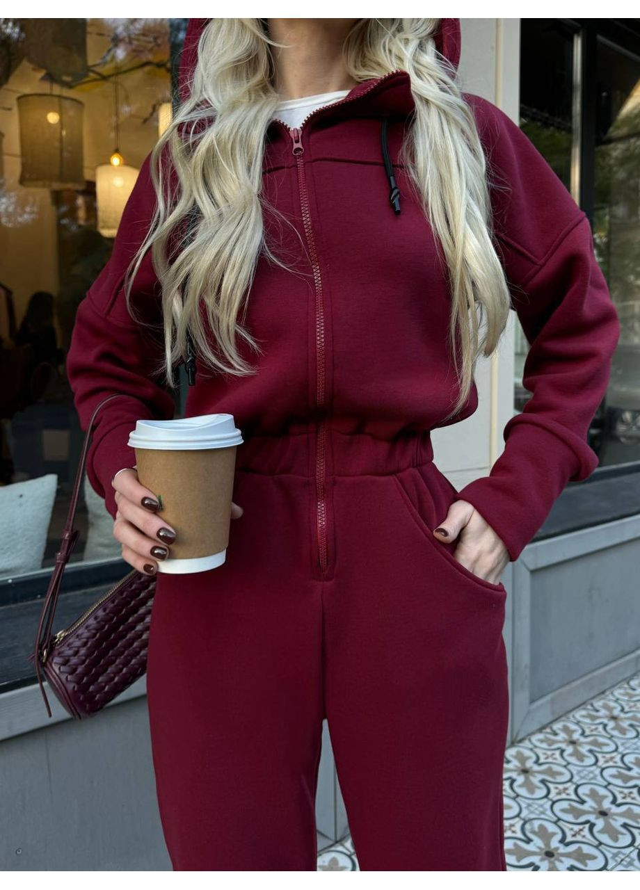 Теплий базовий комбінезон із трьохнитки на флісі — ЗАМІРИ В ОПИСІ DK/DL Мода без кордонів комбінезон-брюки однотонний бордовий повсякденний тринитка з начосом