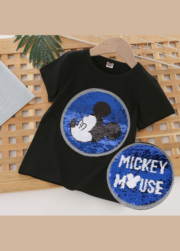 Чорна демісезонна футболка дитяча з принтами на паєтках mouse ( 100см) (11890) Qoopixie