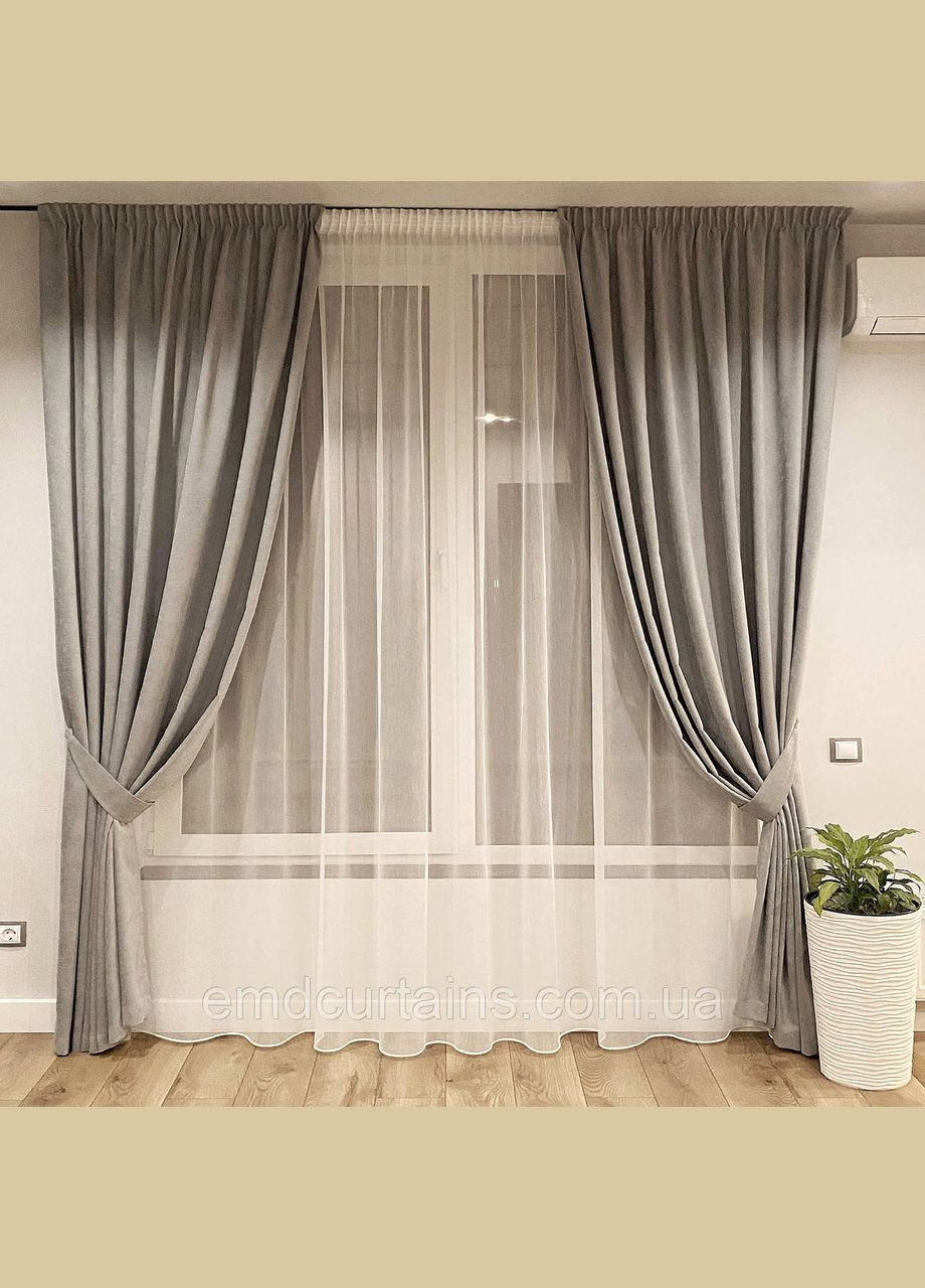Комплект штори 2 шт. з підхватами 200х250 см мікровелюр Сірий, тюль бамбук 300 см Тепло-білий No Brand (337354203)
