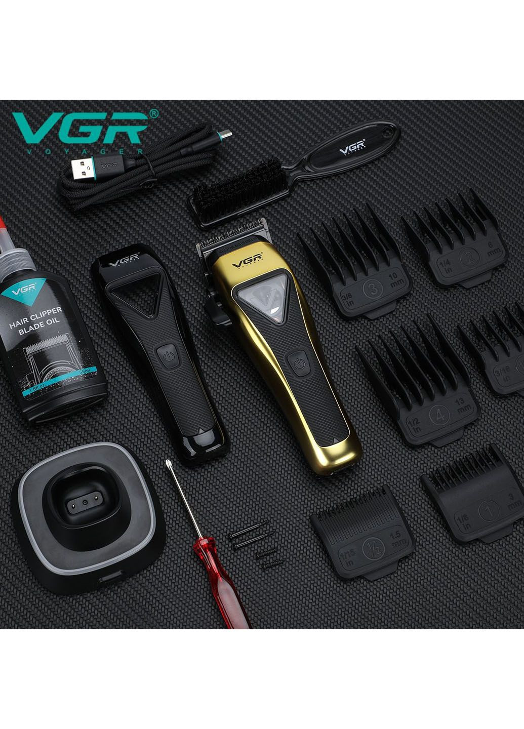 Аккумуляторная машинка для стрижки — 6 магнитных насадок, LED-дисплей и подставка VGR V‑015 (348059037)