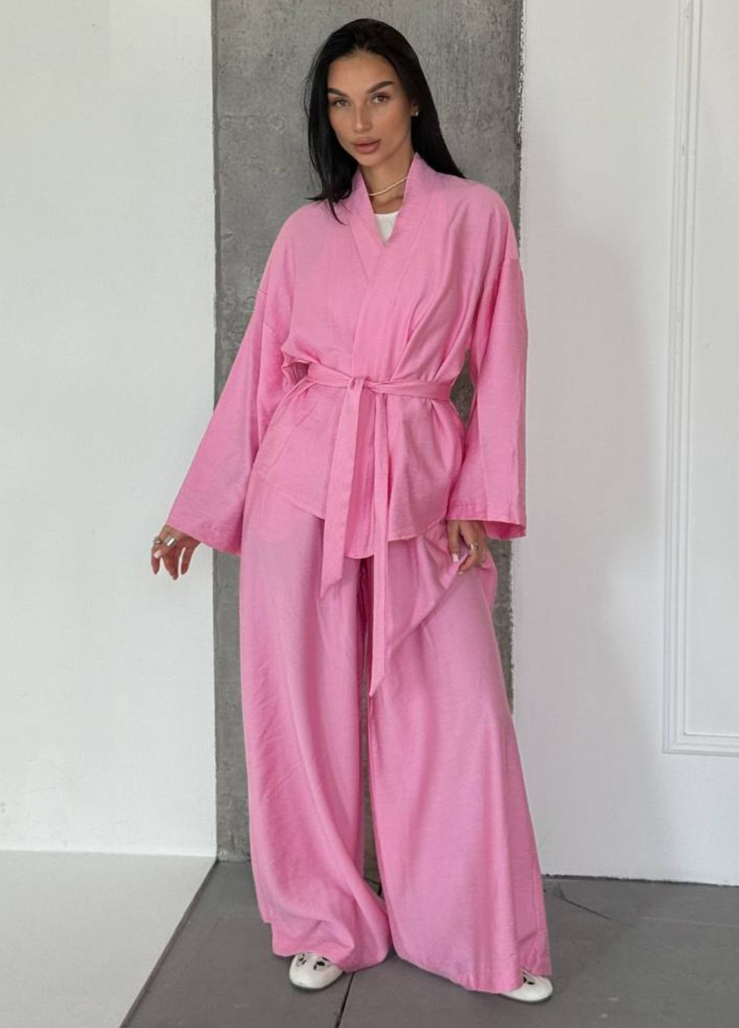 Изысканный легкий летний свободный повседневный костюм двойка: кимоно с поясом + штаны Tik-Tak (348830740)