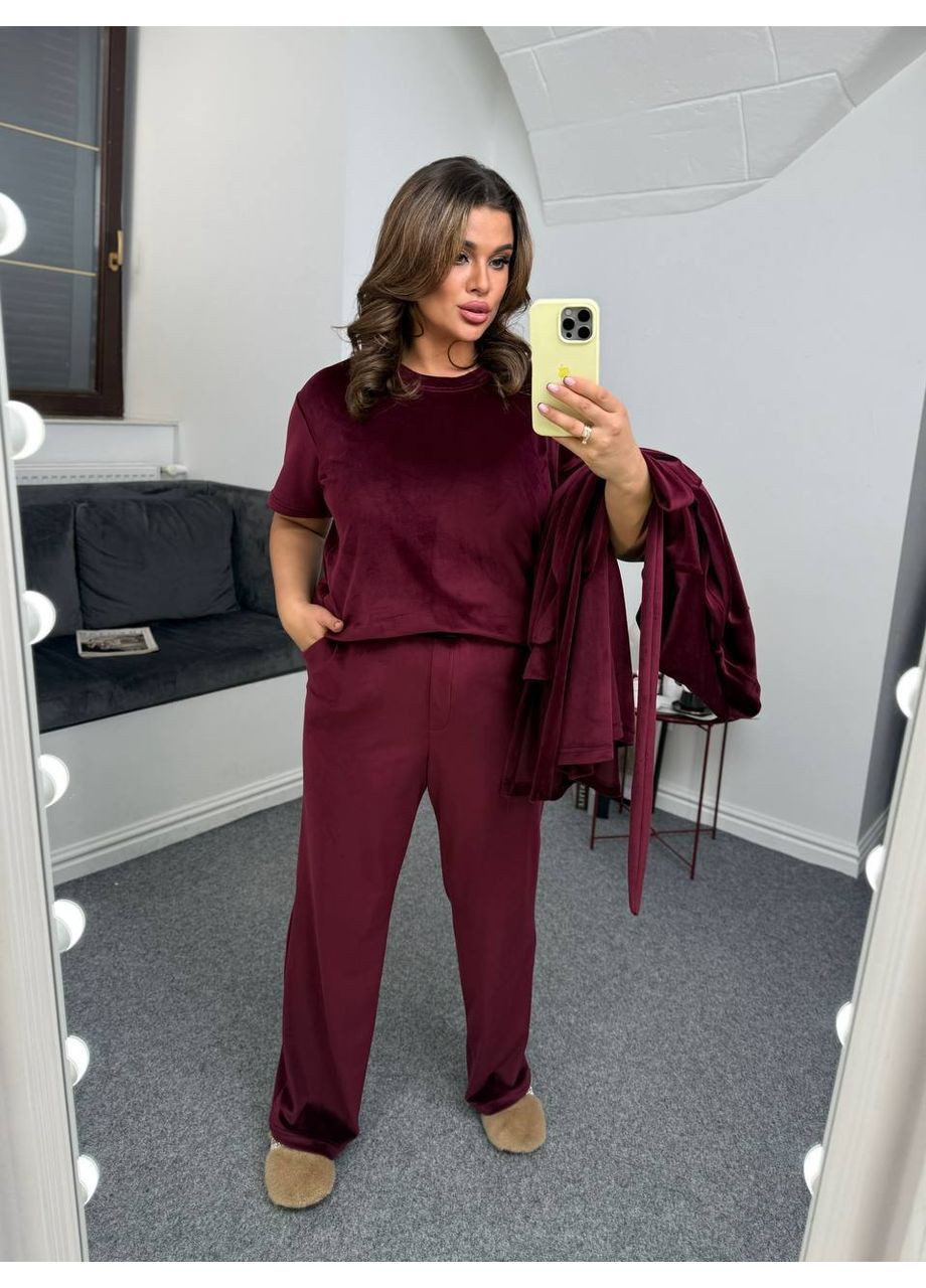 Бордова жіноча велюрова піжама трійка Osoblyva