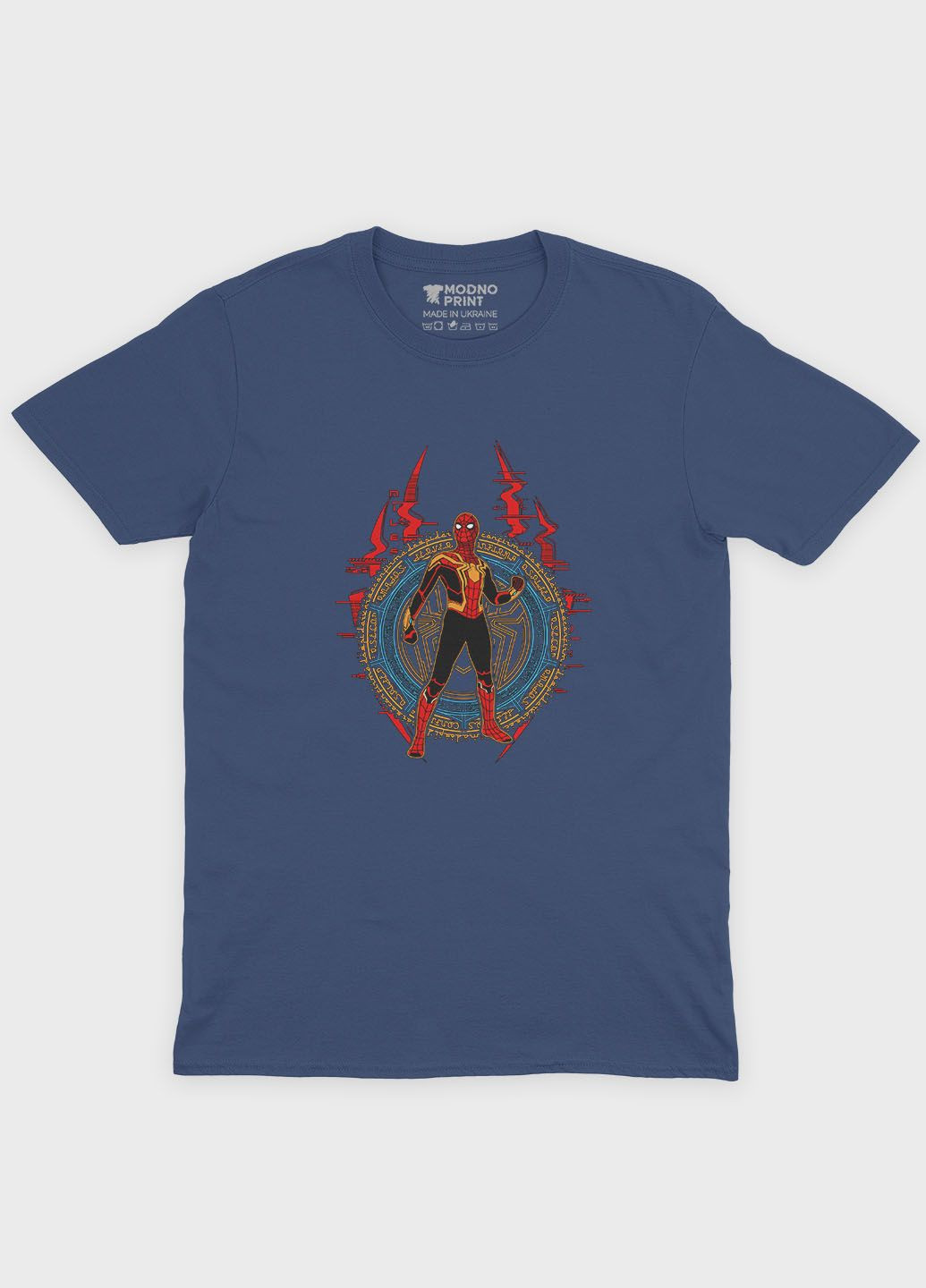Темно-синяя демисезонная футболка для девочки с принтом супергероя - человек-паук (ts001-1-nav-006-014-011-g) Modno