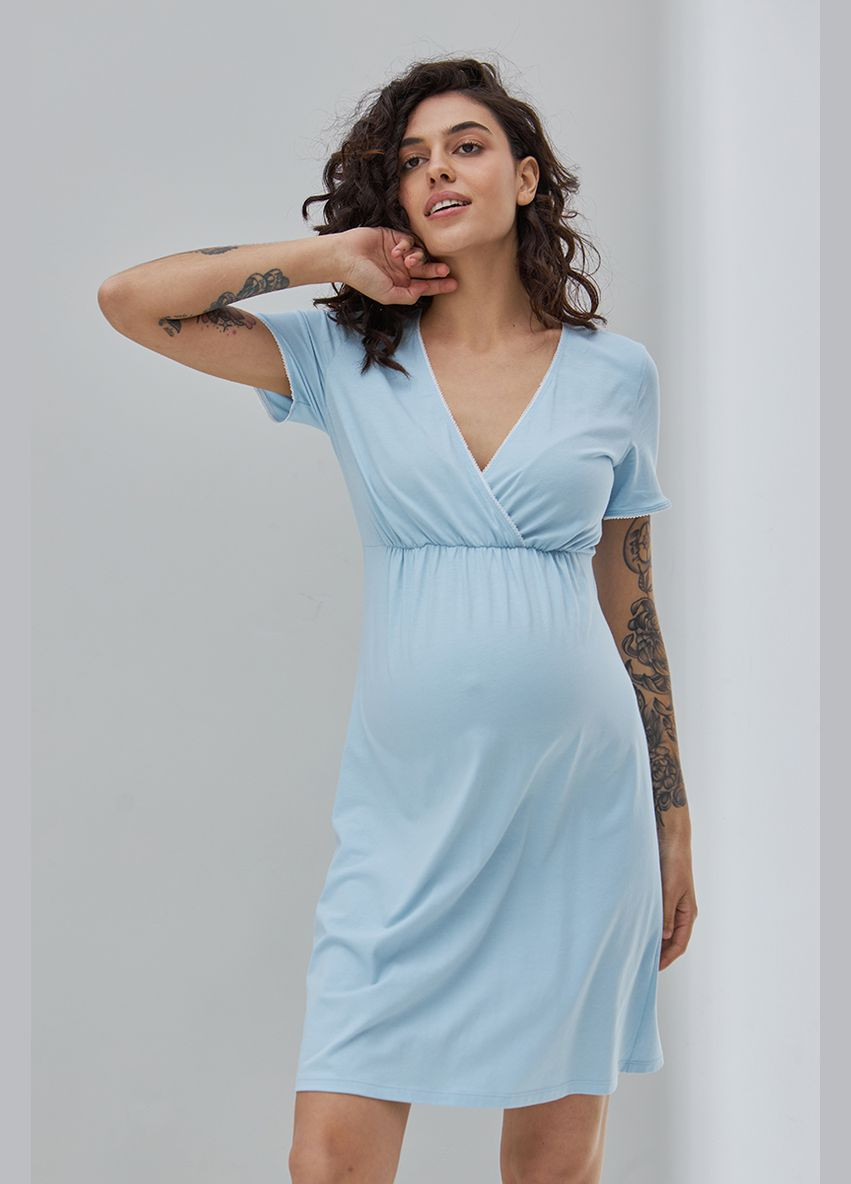 Голубая ночная рубашка для беременных и кормящих мам трикотажная Юла мама (307904724)