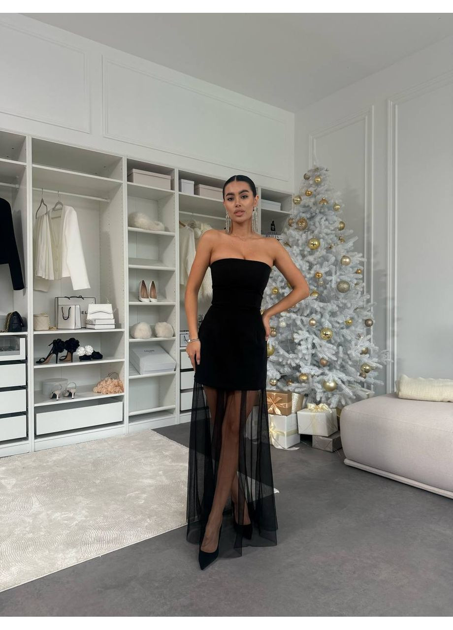 Чорна вечірня трендова жіноча сукня з костюмної тканини та сітки — замір в описі DK/DL Мода без кордонів однотонна