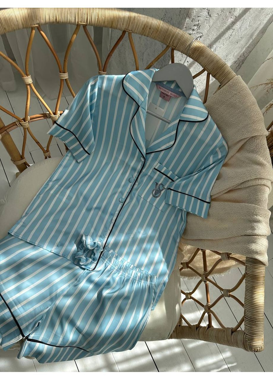 Голубая всесезон женская пижама голубая рубашка + шорты Vital-Textile 1287