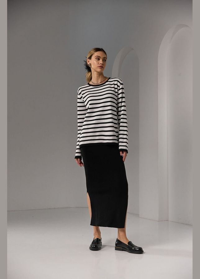 Черное повседневный элегантное макси платье с вертикальным рисунком из пряжи с шерстью и мохером (2751) Triko Bakh