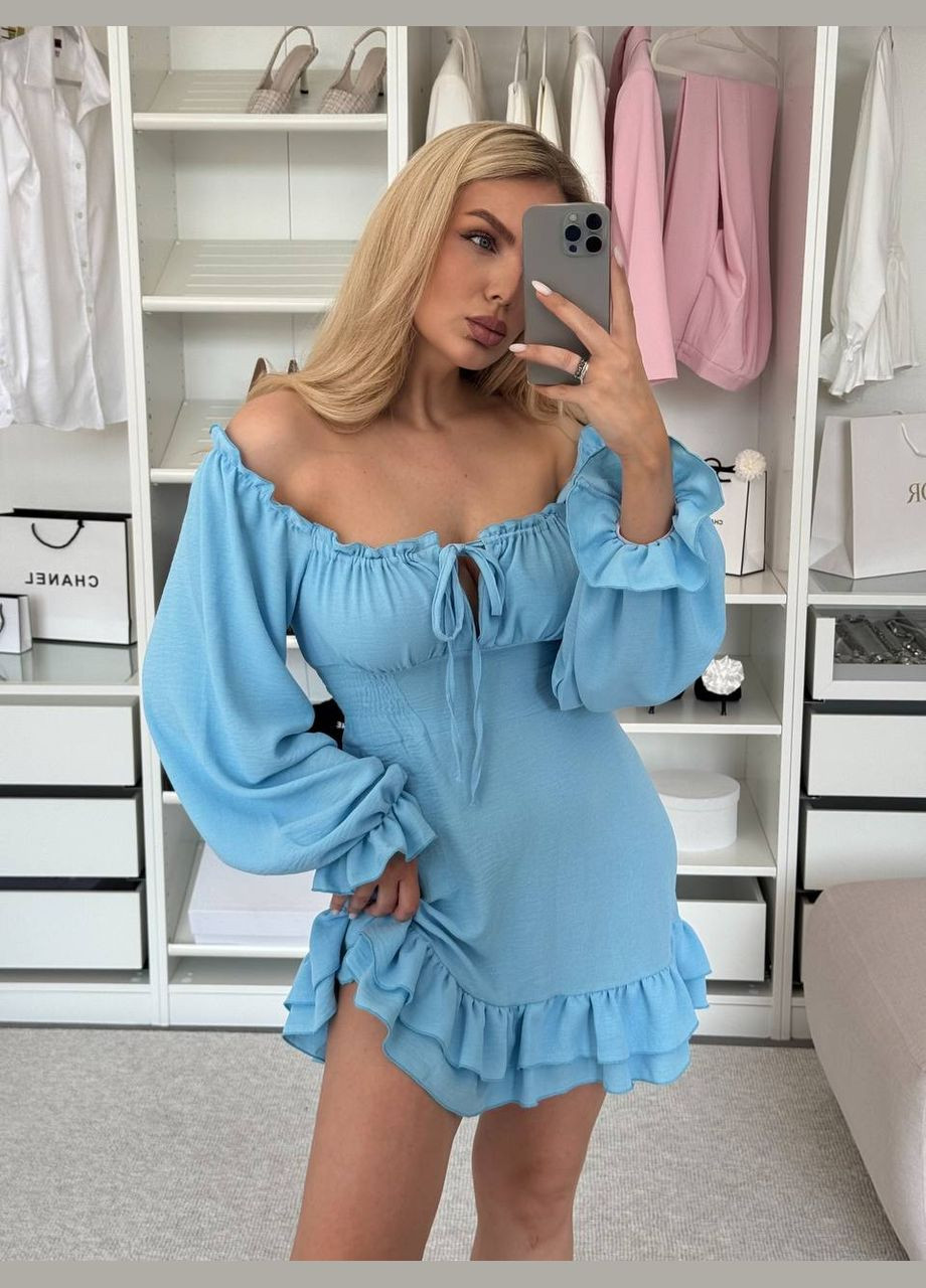 Голубое праздничный, коктейльное, пляжное, повседневный, кэжуал, вечернее платье с воланами на плечи из жатки Vakko однотонное