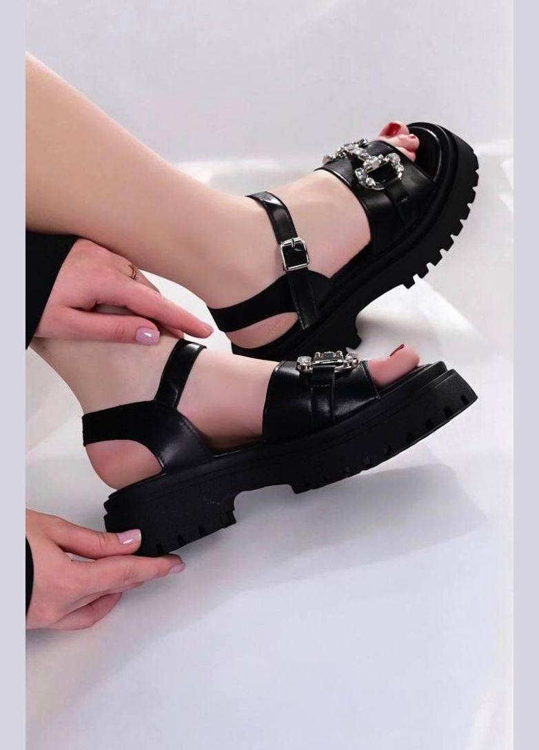 Черные босоножки женские черные натуральная кожа Seven с ремешком со стразами, без декора