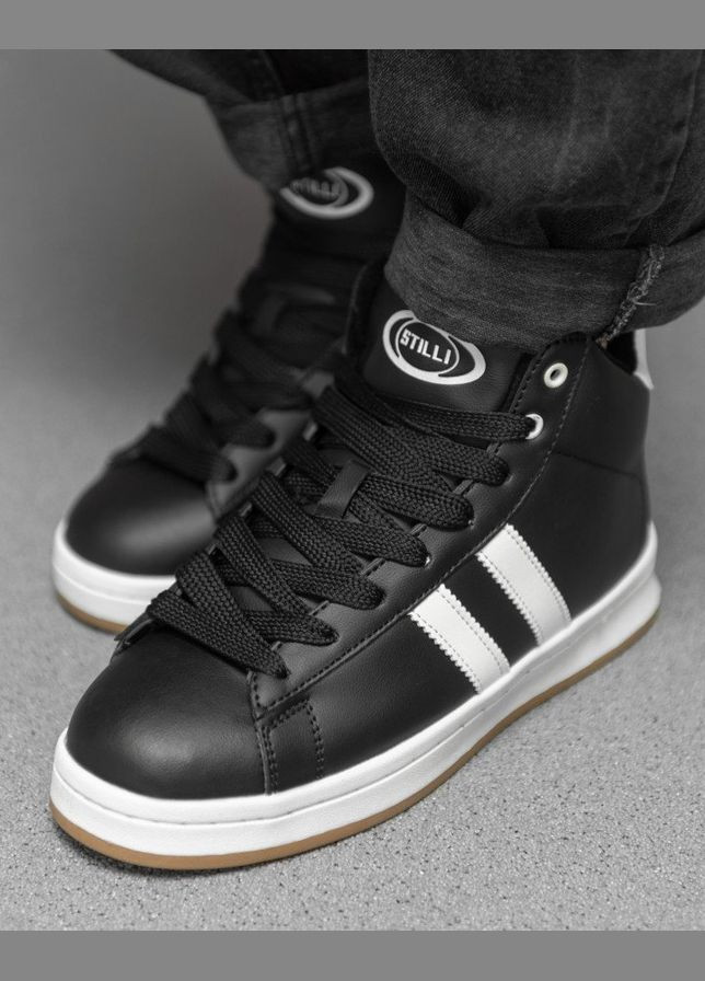 Черные зимние мужские зимние кроссовки на меху черные с белым No Brand