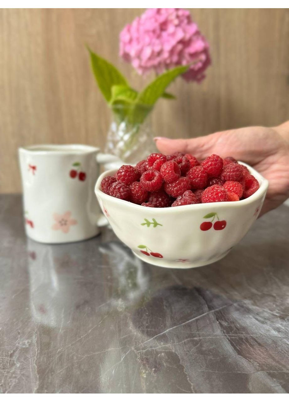 Салатник тарелка 300 мл с рисунками вишни подходит для подачи салатов, закусок, десертов или фруктов. OSM (365549089)