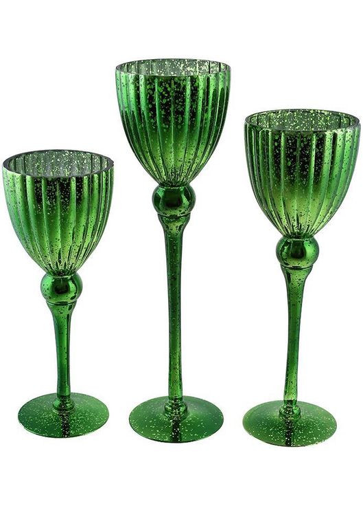 Набор 3 стеклянных подсвечников Catherine 30см, 35см, 40см, рождественский зеленый Bona (297366524)