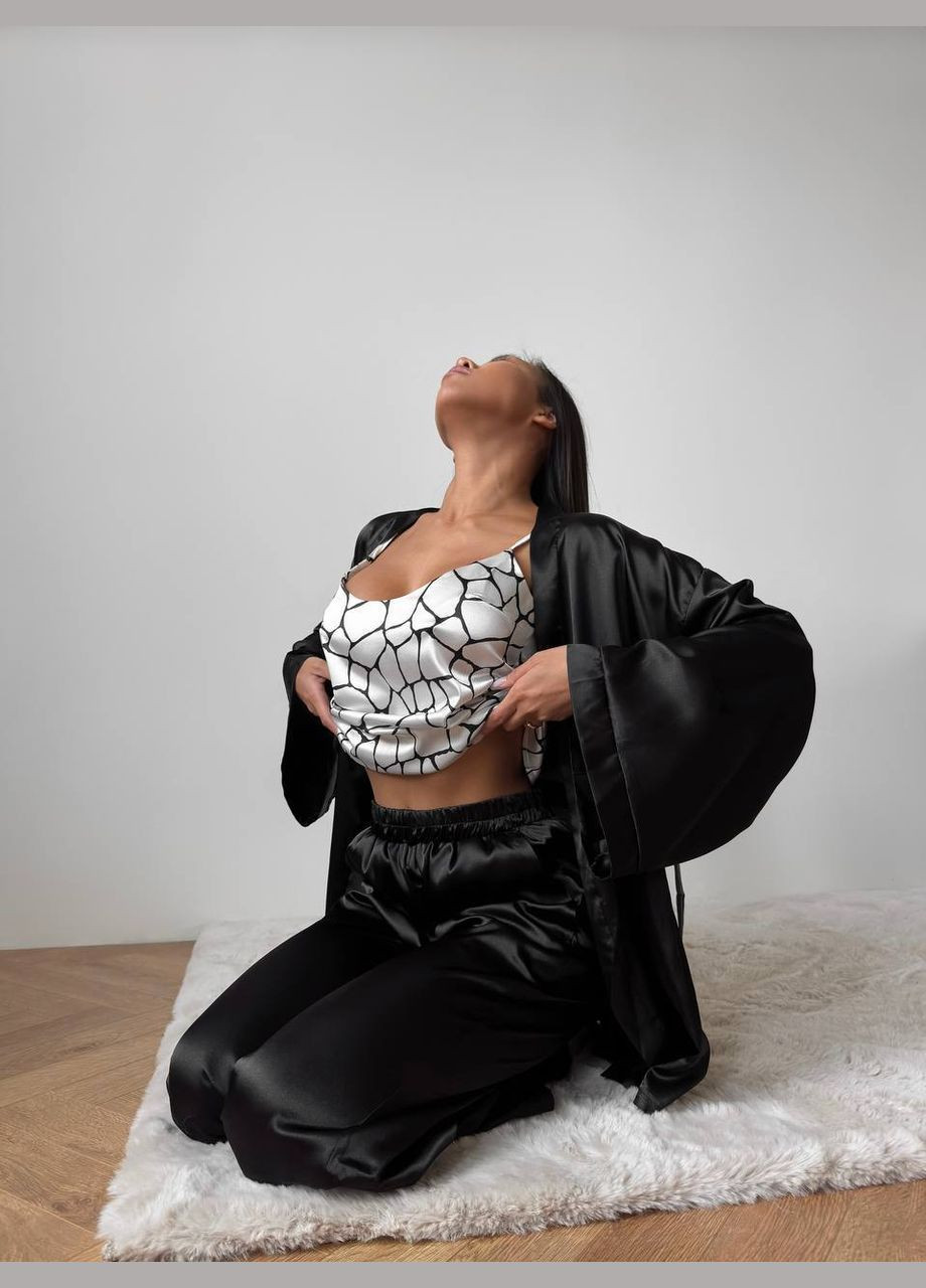 Черная всесезон пижама женская рубашка + топ + брюки No Brand