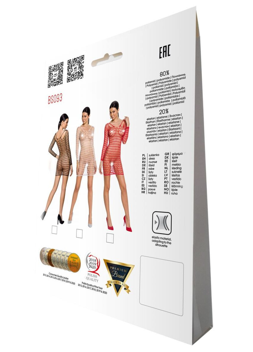 Бодистокинг-платье с глубоким воротом BS093 white, длинные рукава Passion (297573646)