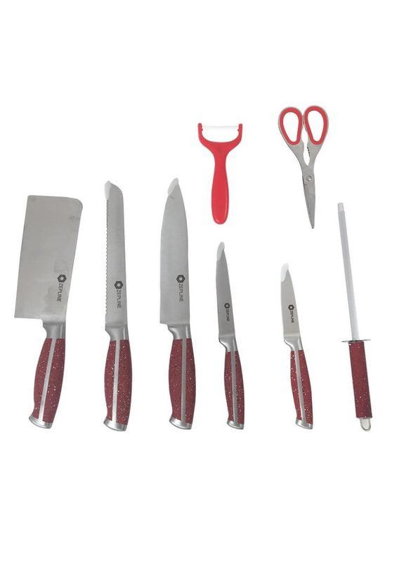 Набір кухонних ножів 9 предметів з підставкою червоний (2104618511) Zepline ZP-027 червоний, пластик, нержавіюча сталь