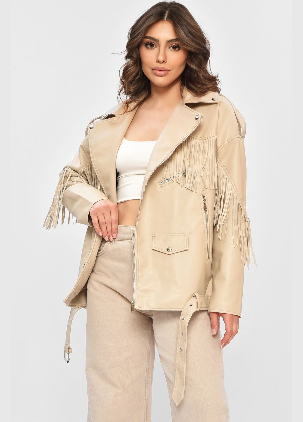 Бежева демісезонна куртка-косуха жіноча з екошкіри бежевого кольору Let's Shop