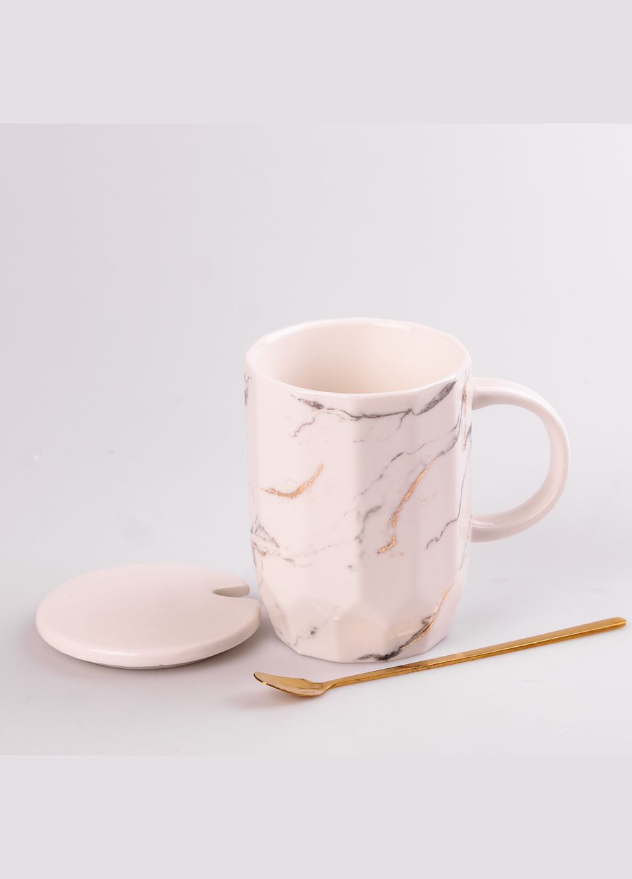 Чашка керамічна мармур 420мл з кришкою та ложкою чашка з кришкою чашки для кави Білий Happy Life (315637478)