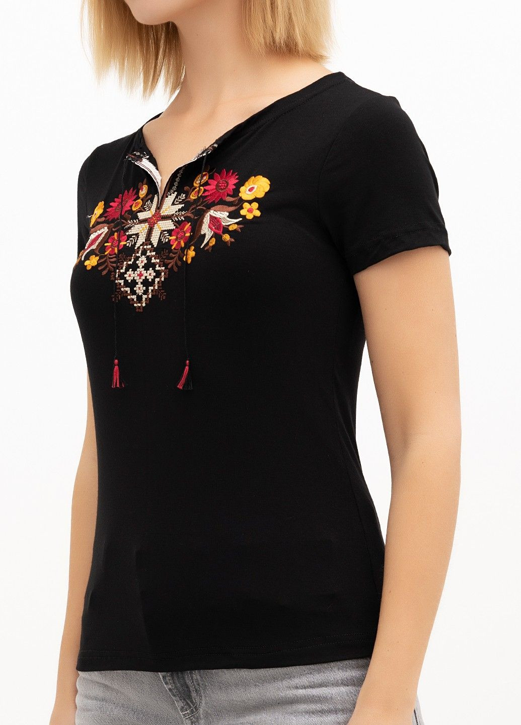 Чёрная женская вышитая футболка лесная песня золотая черная Lesia (335077551)