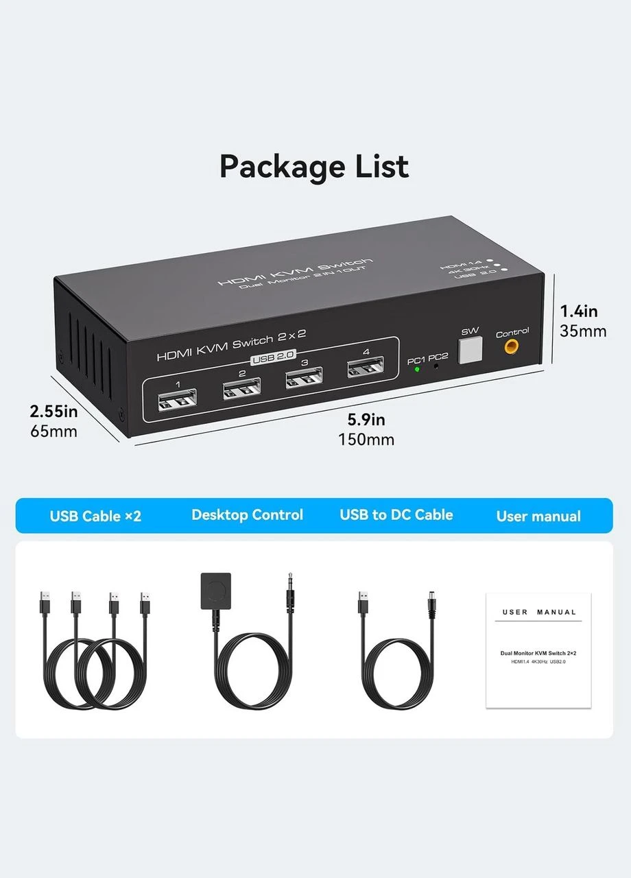 HDMI KVM-перемикач 2 монітори 2 комп'ютера 4K@30 Гц USB2.0 KVM-перемикач, Amazon, Німеччина Cross (400407078)