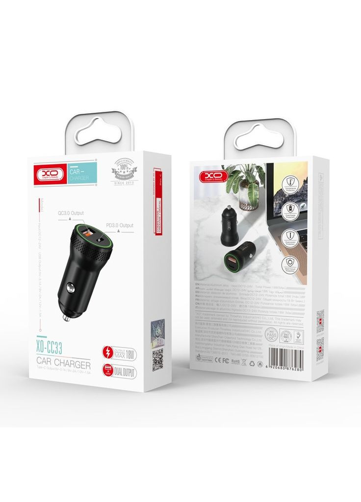 Автомобильное зарядное устройство CC33 1 USB QC 3.0 + Кабель Type-C PD (18W) Black XO (362914796)