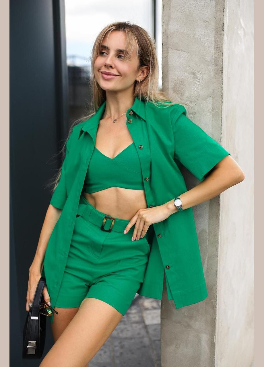 Женский комплект (рубашка, топ, шторты), трэндовый летний лляной костюм, подойдет для встреч и прогулки Intruder (347579777)