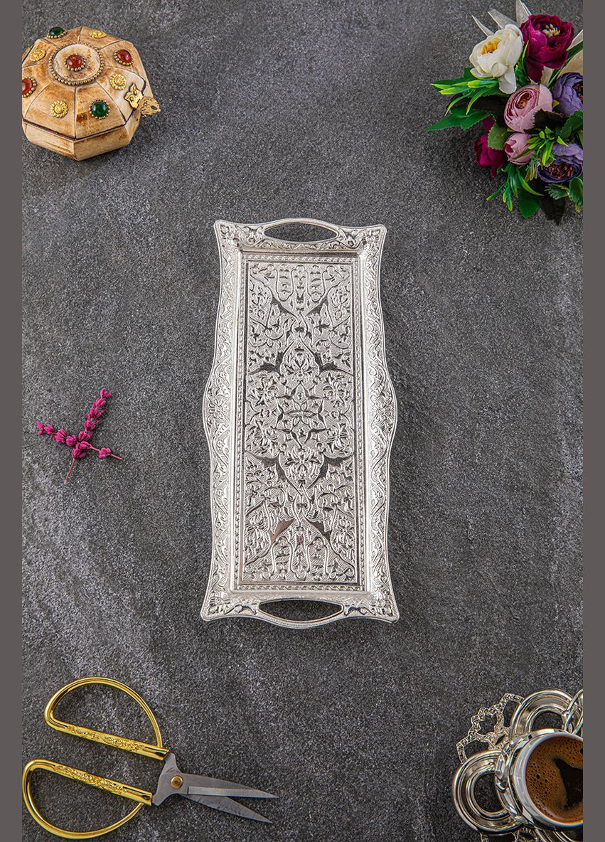 Мідна таця прямокутна срібляста 30х13 см, таця у східному стилі No Brand (347311733)