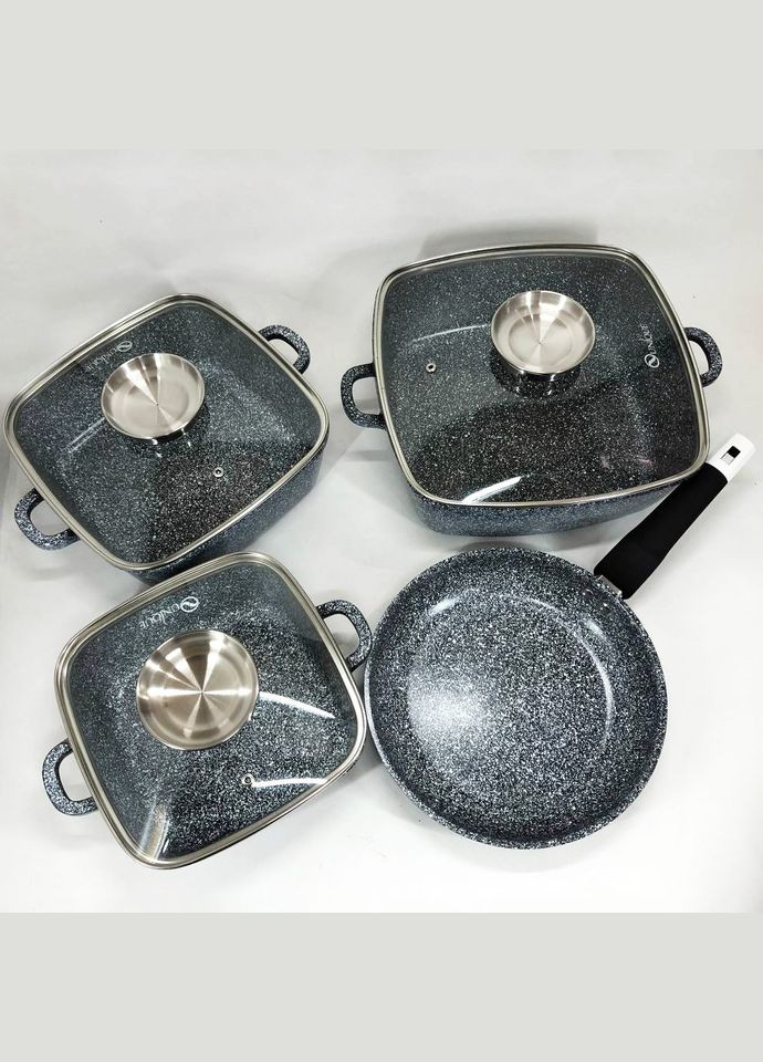 Набір з 3-х казанів з кришками та сковороди UN-5531 Гранітне антипригарне покриття Unique (346268415)