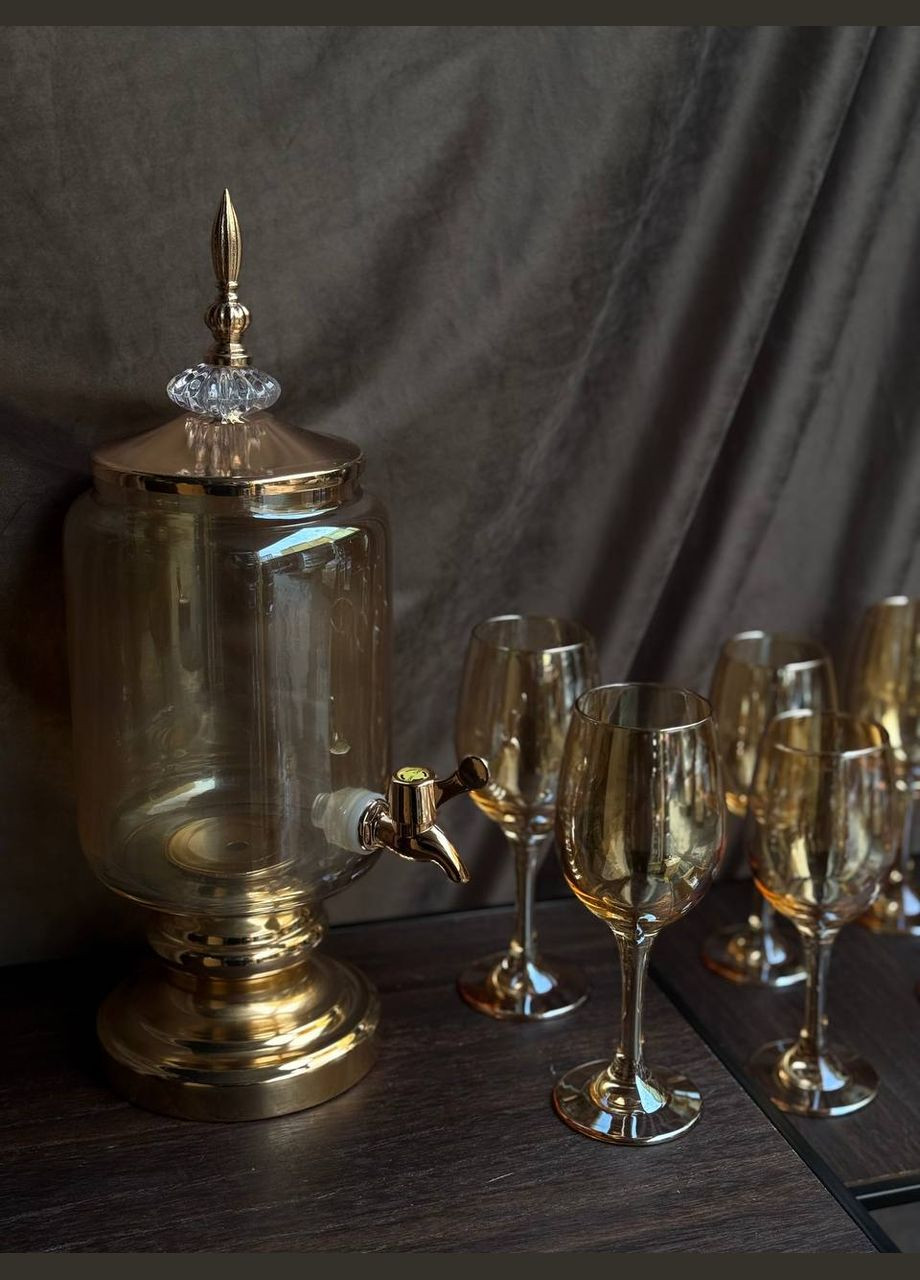 Набор питьевой HP4176 стеклянная лимонадница 3 л и бокалов по 220 мл Золотистий TS Kitchen (333032000)