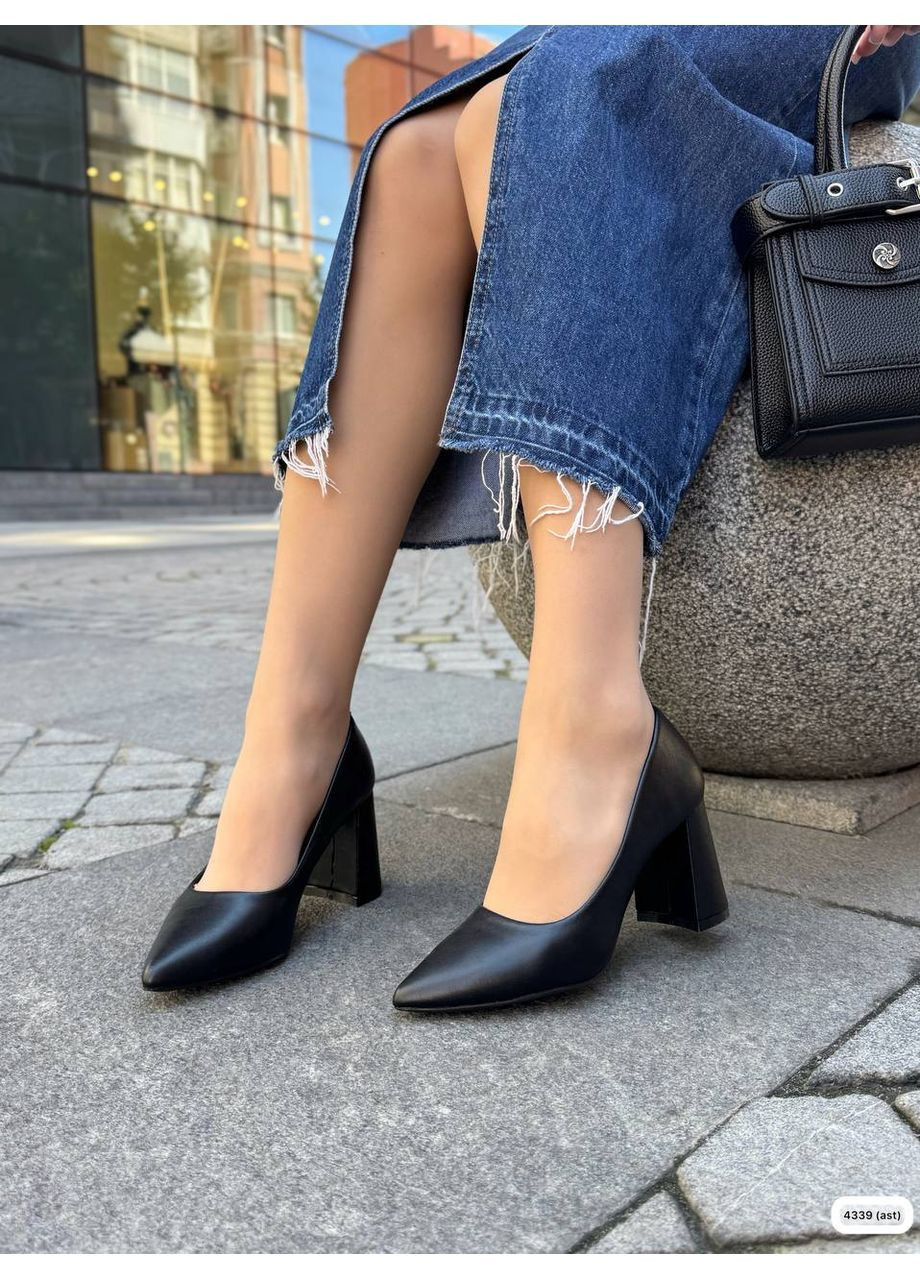 No Brand Жіночі стильні натуральні шкіряні туфлі на стійких підборах колір чорний туфлі-човники чорний з натуральна шкіра, — демісезон (360544711)