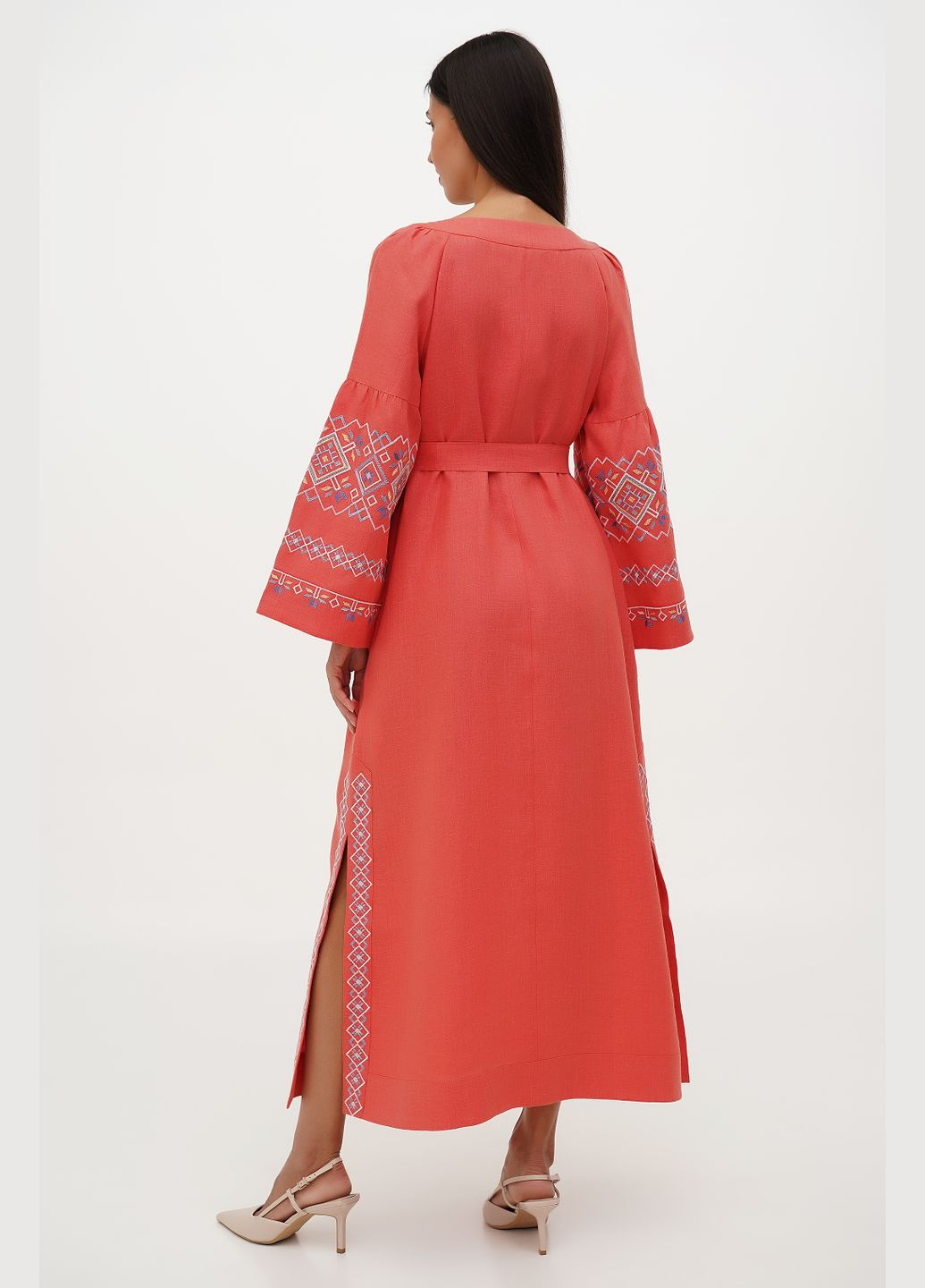 Червона вишита сукня з льону під пояс із геометричним орнаментом та рукавом реглан обрій., р., код 0403/44/369 ГАЛЕРЕЯ ЛЬОНУ