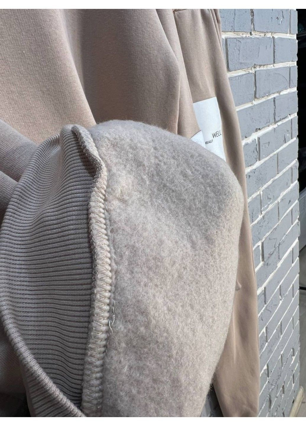 Женский костюм 2920 худи с капюшоном брюки резинка нашивка утепленный флис бежевый Enjoy (313862898)