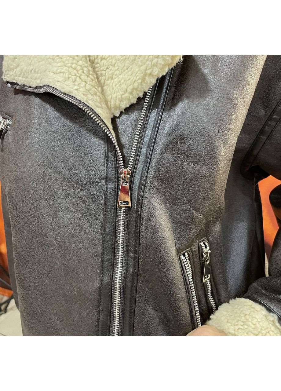 Коричнева зимня куртка жіноча дублянка косуха хутро екошкіра кишені l коричнева No Brand