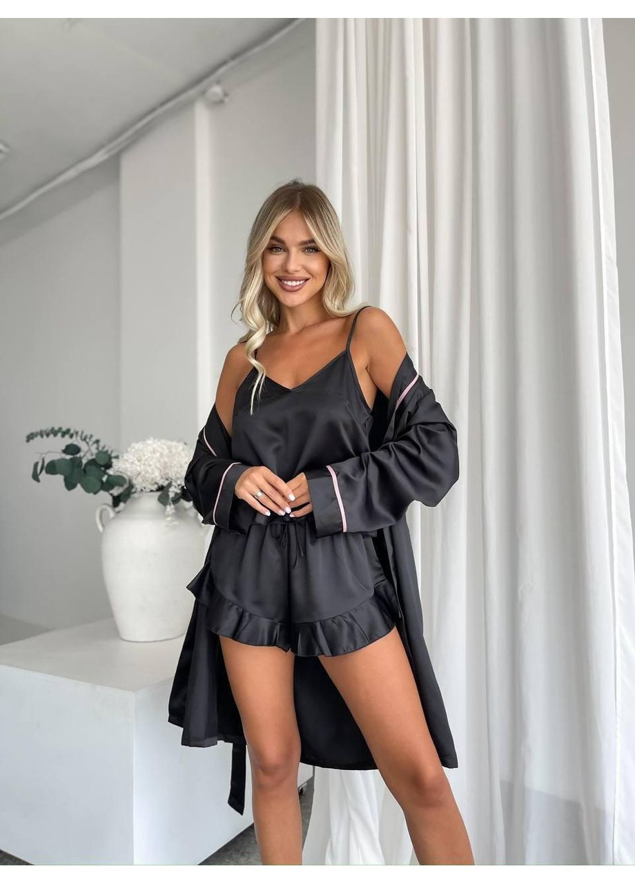 Черная женская черная пижама с халатом шелк армани / комплект женской пижамы сатиновый топ, шорты и халат / женская шелковая пижама No Brand