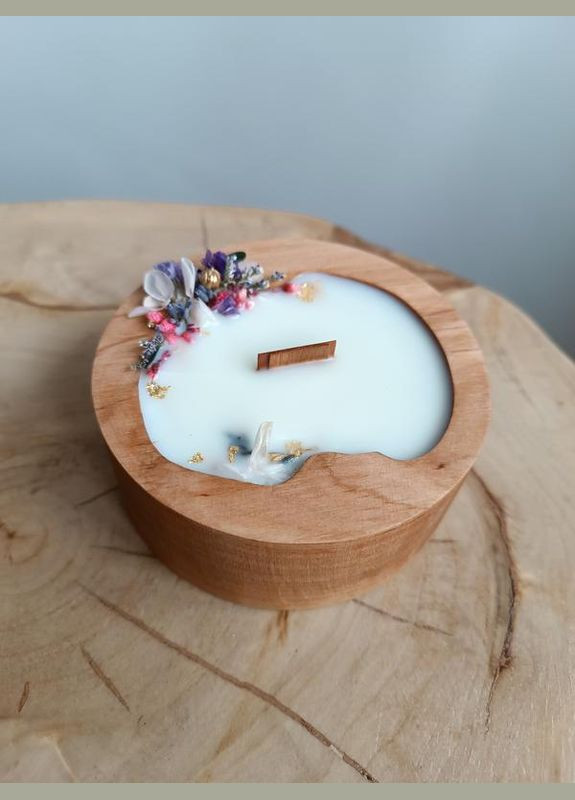 Ароматическая свеча в деревянном кашпо с трескотливым фитилем и сухоцветами Hand Made (346591212)