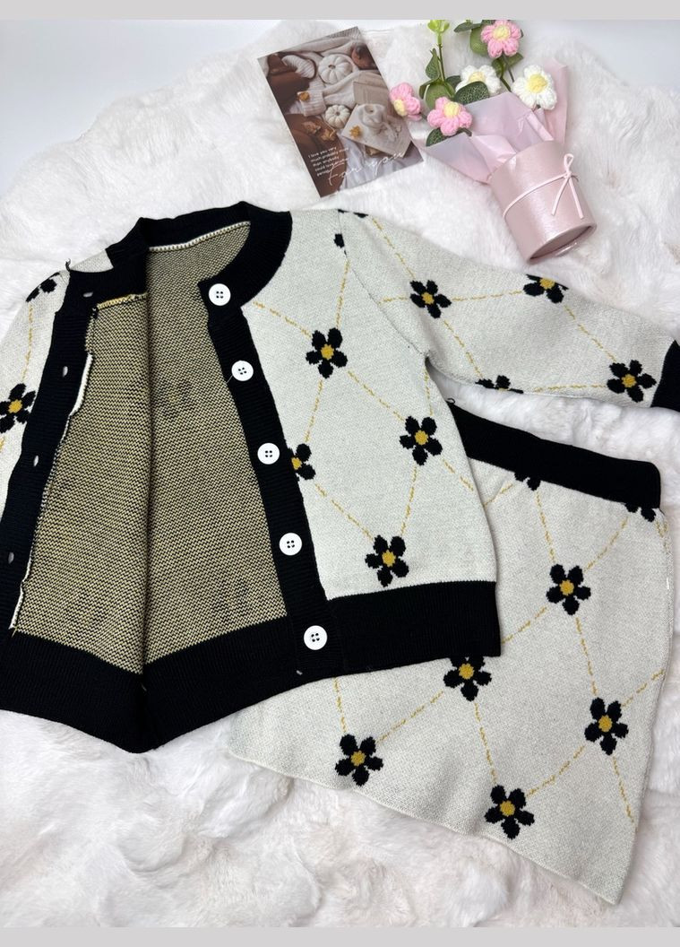 Комбинированный демисезонный комплект для девочки с юбочкой вязаный 10680 No Brand