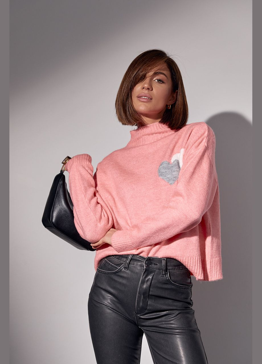 Розовый зимний вязаный свитер с двумя сердечками 6800 Lurex