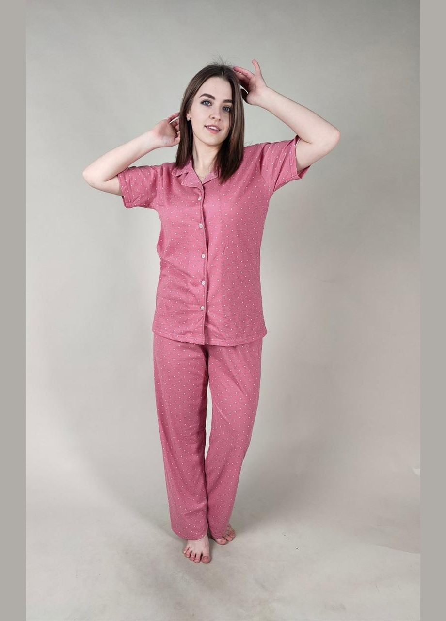 Рожева всесезон жіноча бавовняна піжама з сорочкою на гудзиках та штанами турецького виробництва Mirano