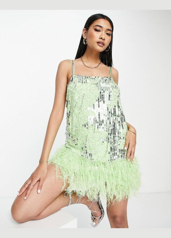 Салатова сукня міні з квітами та штучним пір'ям Asos