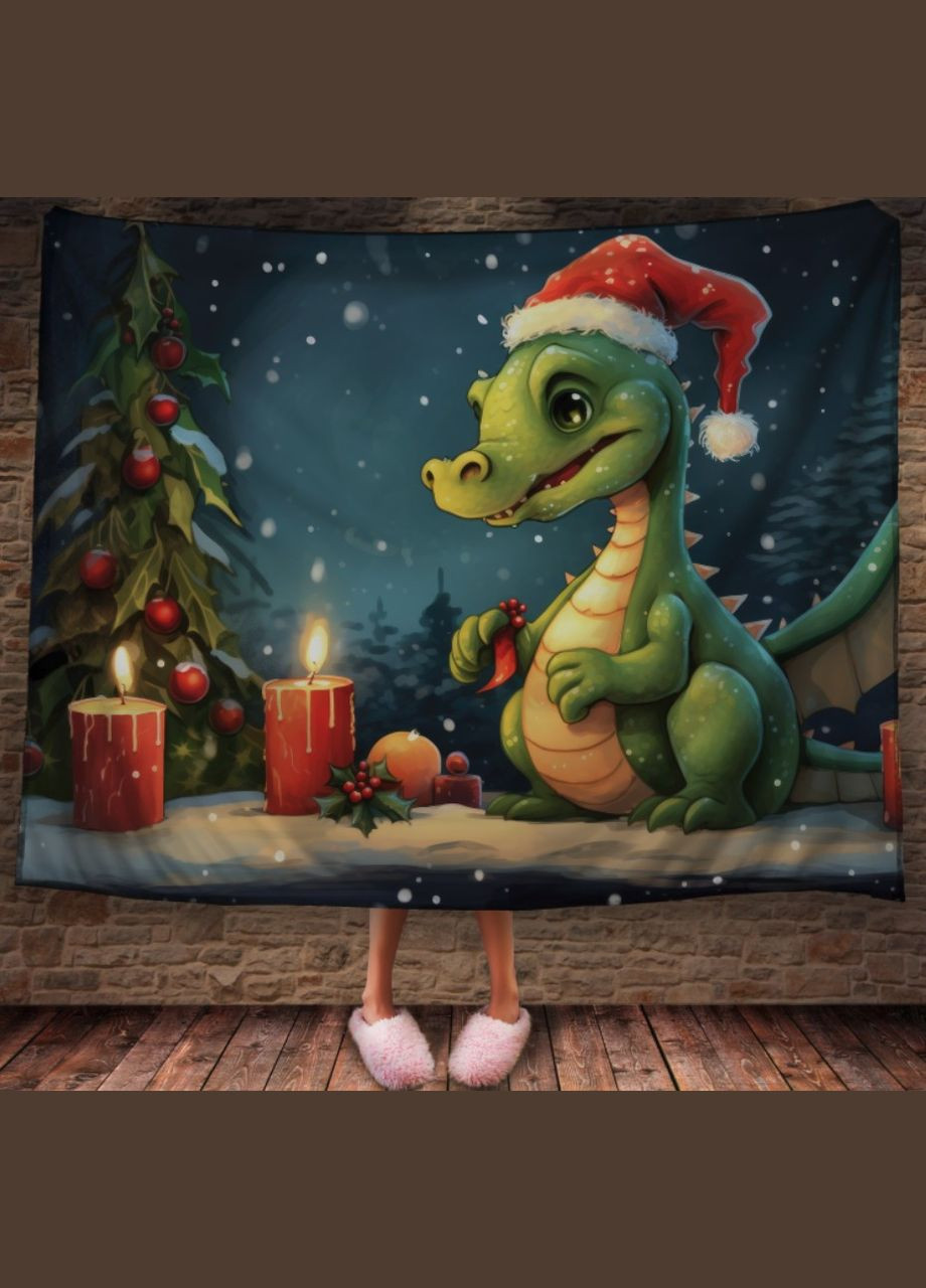 Плед з 3D принтом Різдвяний Дракончик зі свічками в шапці Санта Клауса, Рік Дракона _027 Перша Креативна мануфактура PERFECTUS Плед (301870880)