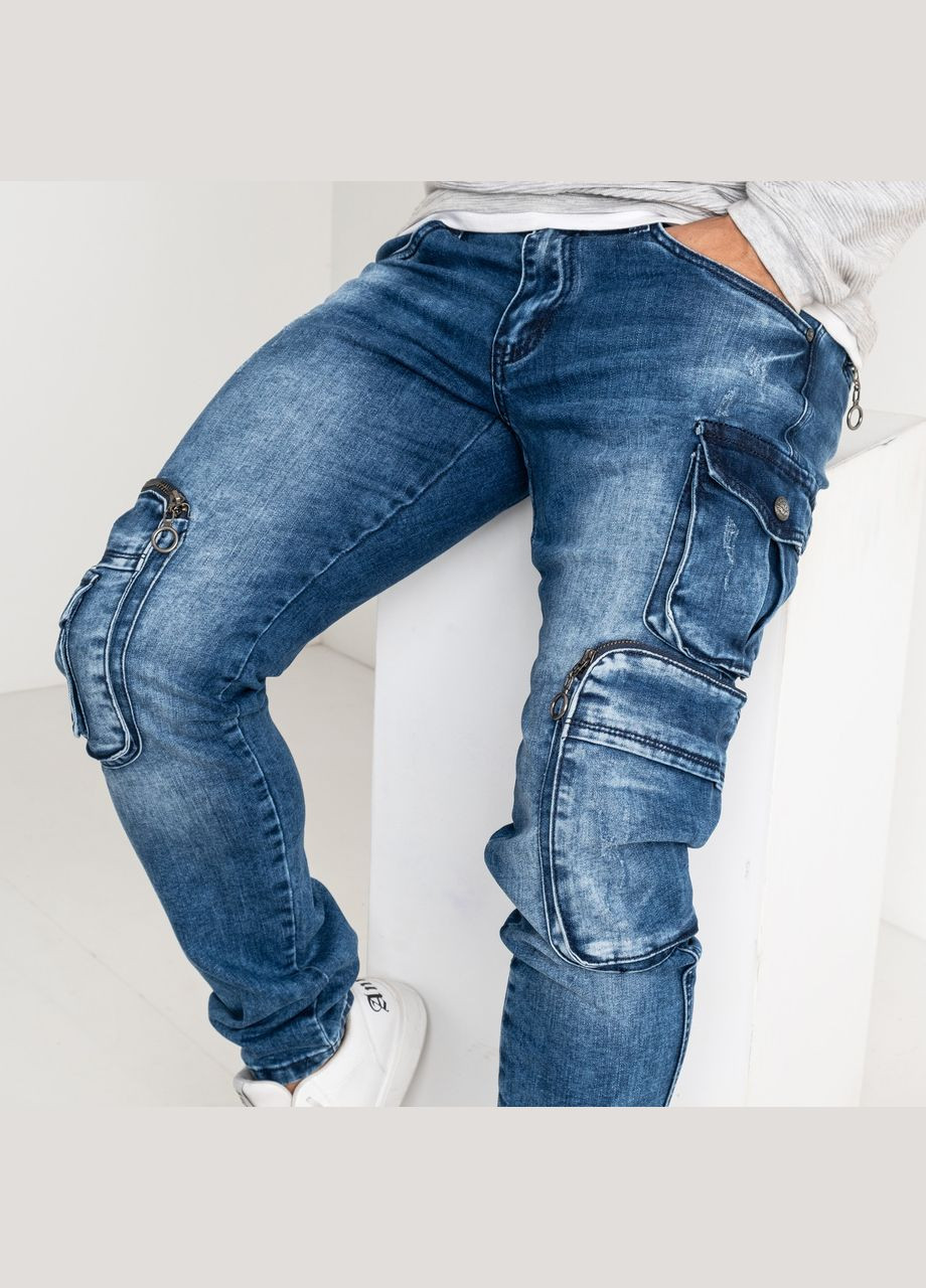 Синие демисезонные джинсы мужские синие молодежные стрейчевые с карманами Fangsida