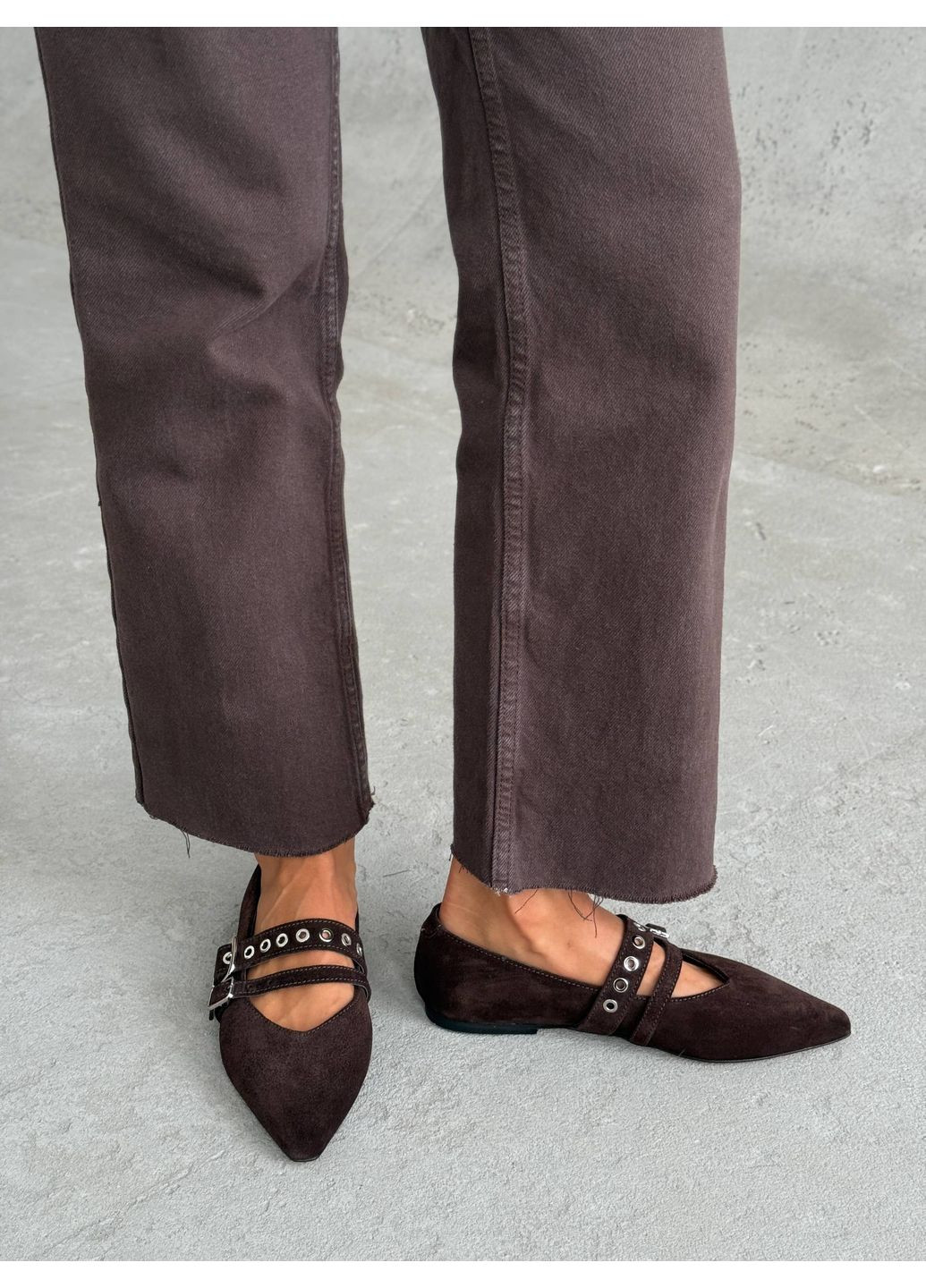 Жіночі стильні жіночі балетки | темно-коричневі однотонні пряжка натуральна замша (360894459)