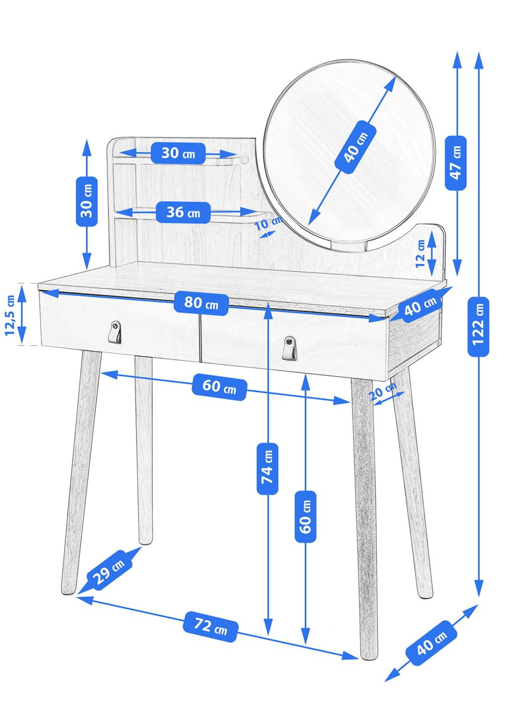 Туалетный столик Scandi с ящиками, кожаные ручки, светлый бук Jumi (361952699)