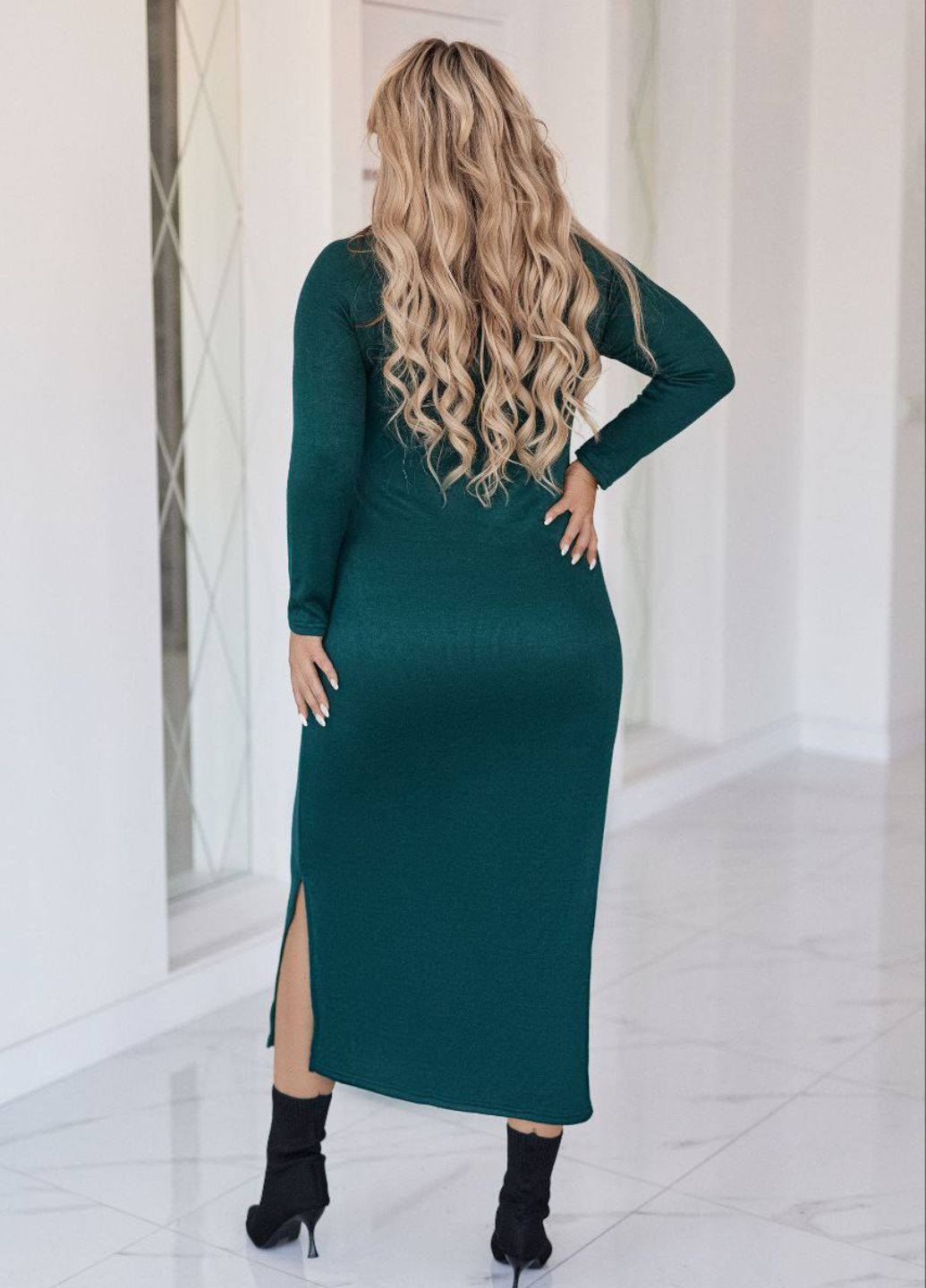 Смарагдова повсякденний вишукана повсякденна демісезонна міді сукня з довгими рукавами та розрізами на спідниці Allthings однотонна
