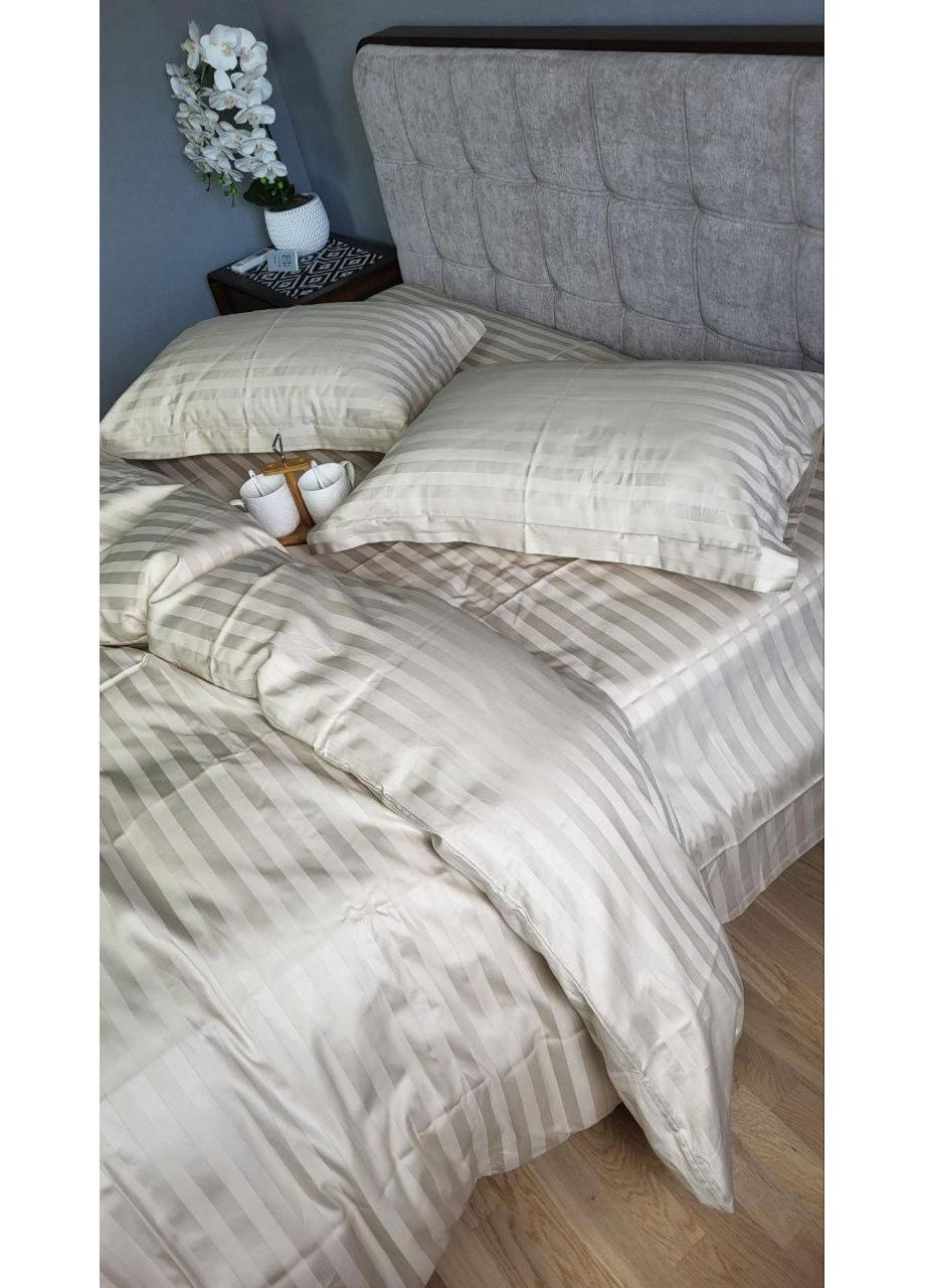 Постільна білизна з резинкою Беж, сатин страйп PREMIUM 2/2см Полуторний розмір, наволочки 50/70 No Brand (364219988)