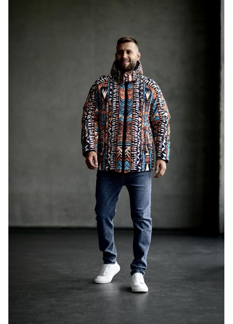 Комбинированная демисезонная куртка зимняя со съемным капюшоном мужская стильная с принтом No Brand