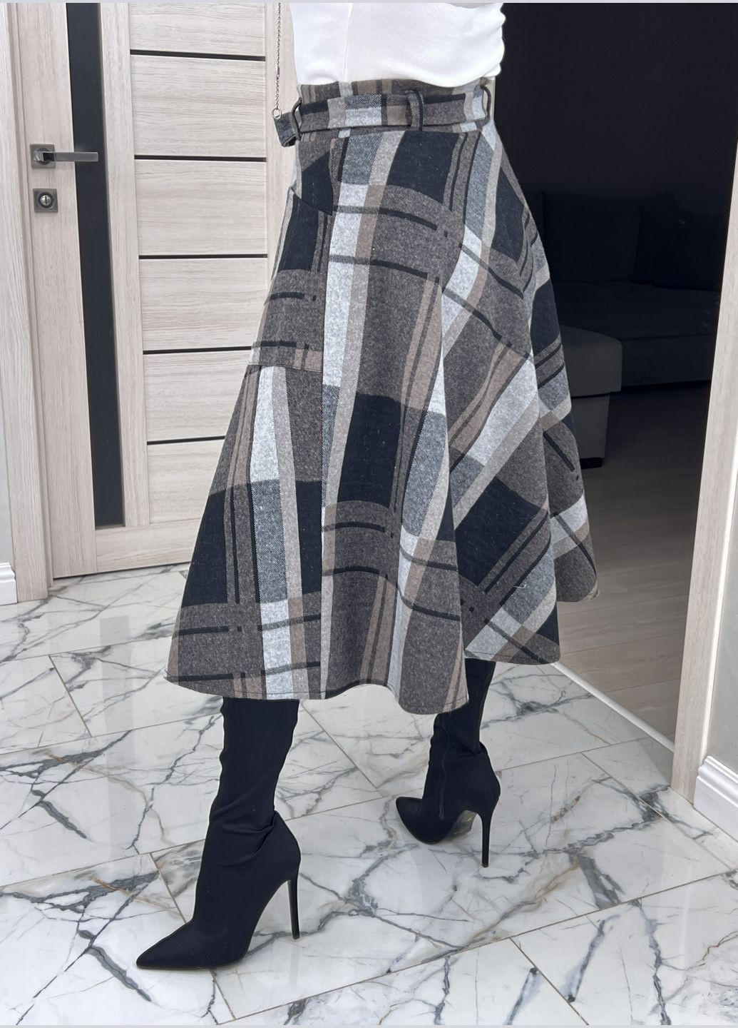 Светло-коричневая офисная, повседневная, кэжуал в клетку женская теплая юбка меди в клетку с добавлением шерсти классическая повседневная No Brand