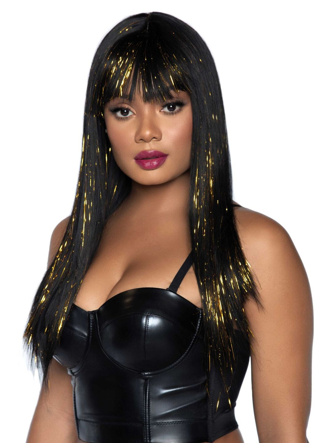 Чорна перука із золотими пасмами Long bang wig with tinsel, 60 см CherryLove Leg Avenue (282709999)