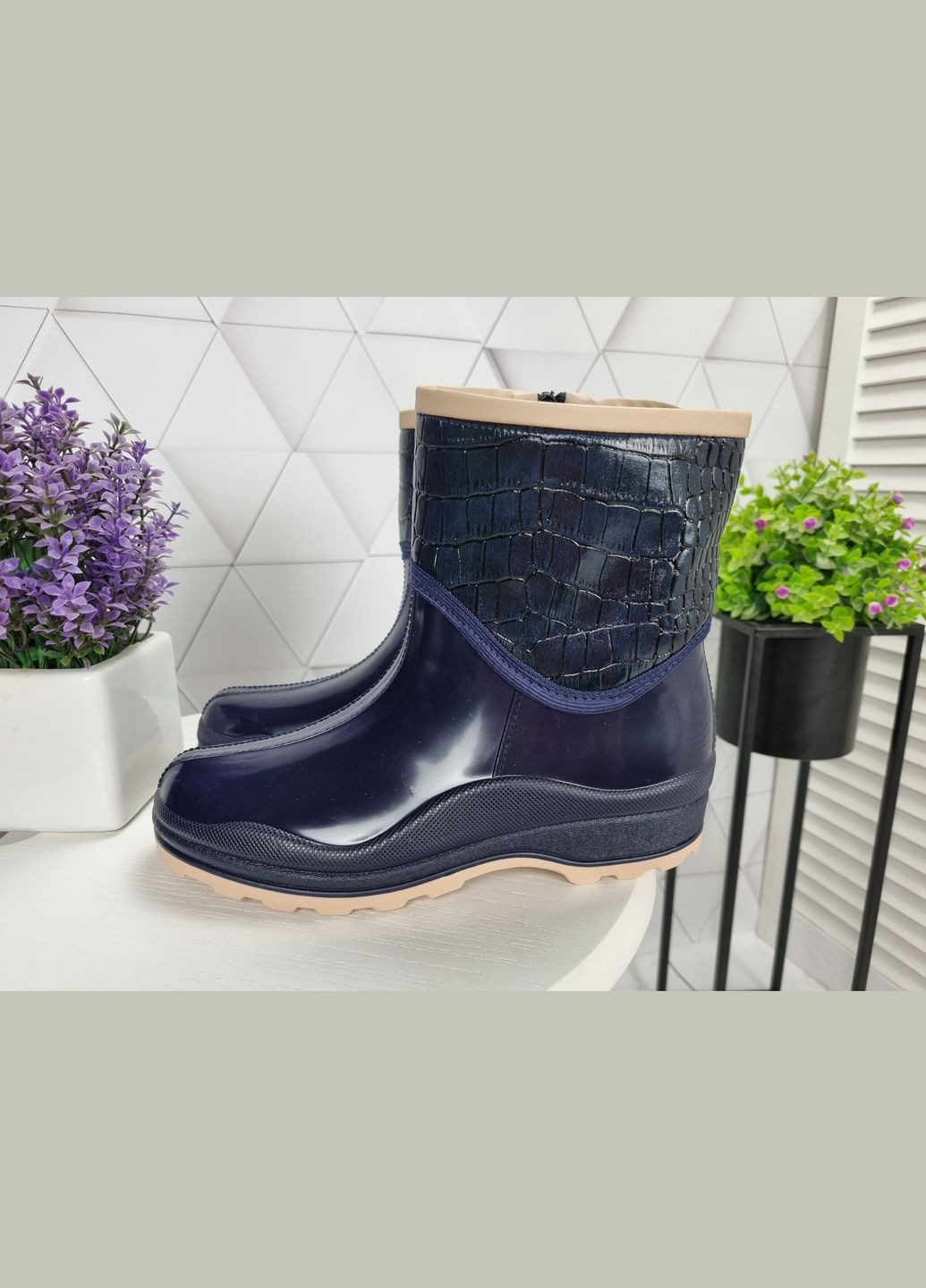 ботинки полусапоги резиновые утепленные на флисе непромокаемые синие с серым (23,5 см) sp-2826 No Brand